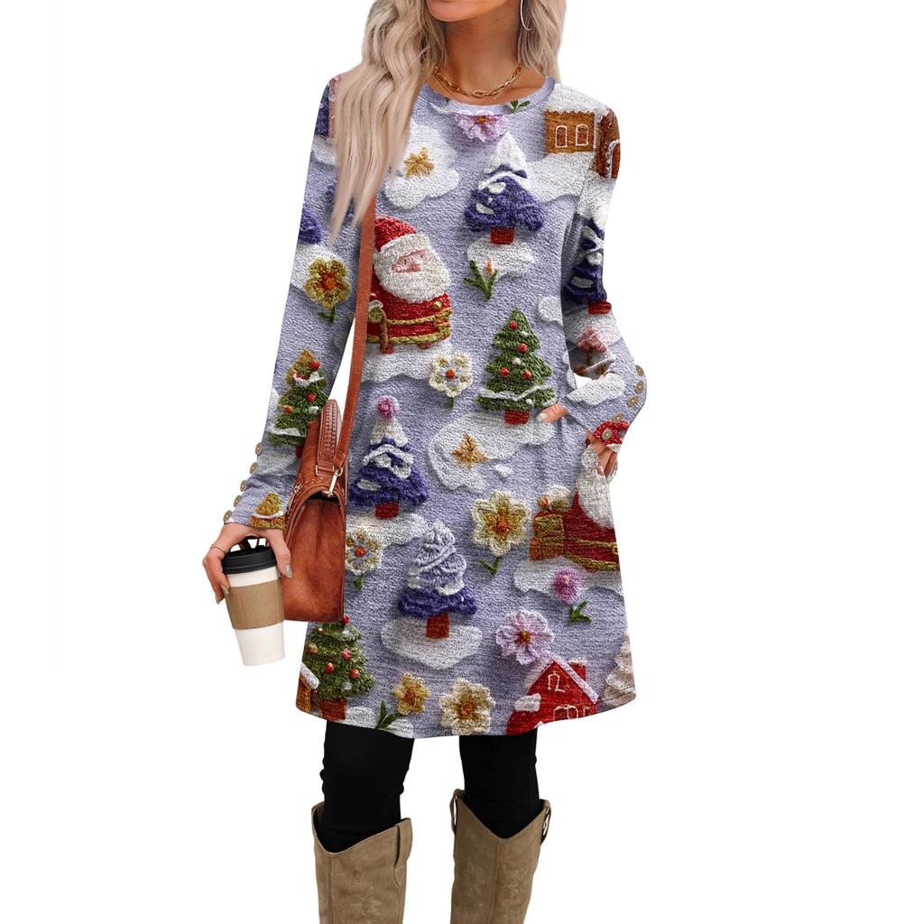 Rochie Casual de Damă la Modă cu Buzunare, Nasturi Decorativi, Imprimeuri de Crăciun, Gât Rotund și Mâneci Lungi