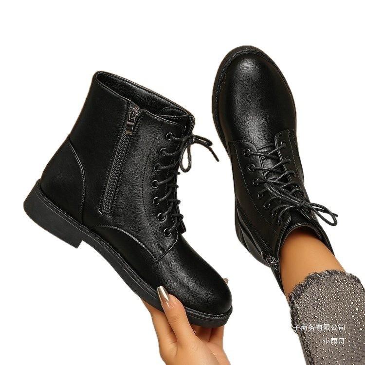 Foreign trade solid color side zipper flat-bottomed leather boots Amazon new British style lace-up short Martin boots women's winter
