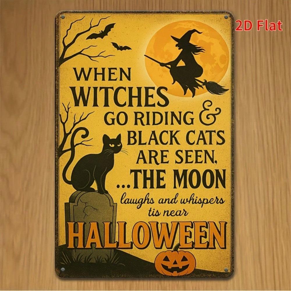 Vintage Halloween Metal Sign 8x12, Funny Black Cat Witch Tin Plaque, Retro Wall Art for Home Bar Cafe