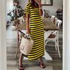 Women's Dress Short-sleeved V-neck Loose Striped Print Slit Long Dress