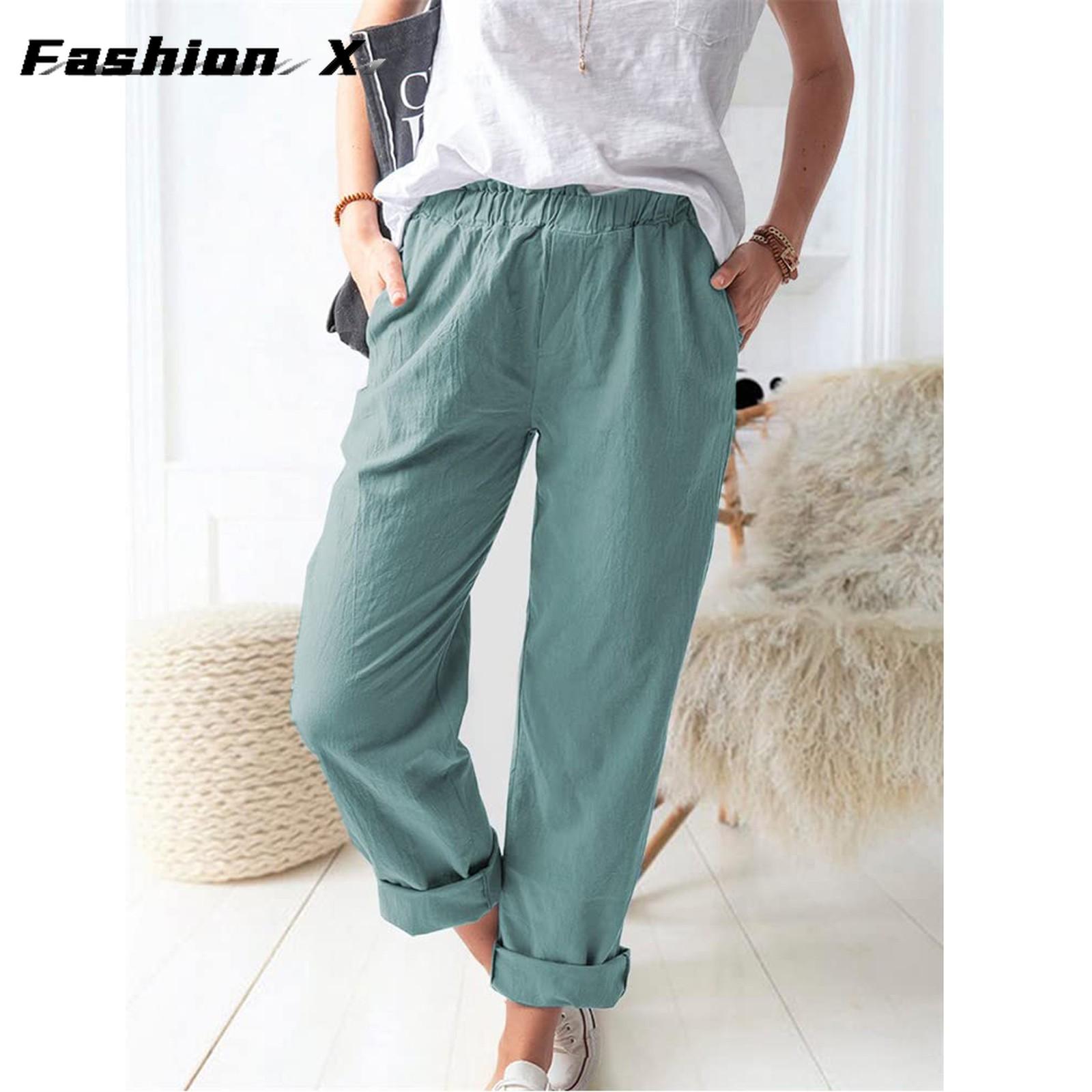 

Женские брюки, свободные широкие брюки, повседневные эластичные хлопковые льняные брюки XL циан