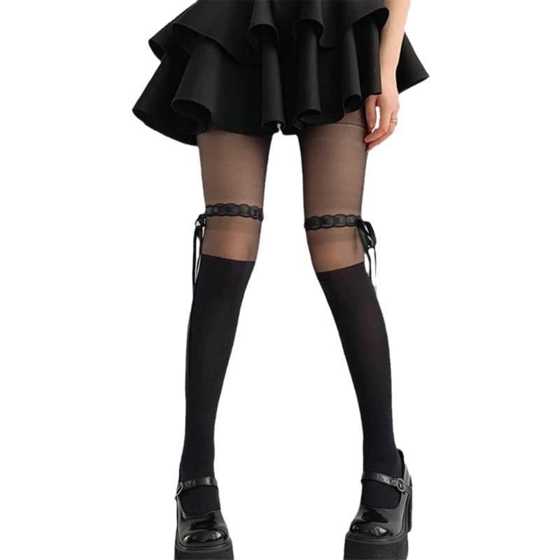 Women Japanese Style JK Sweet Ribbon Bowknot Silk Tights Stockings Sweet Crisscross Ties Bandages Spliced Pantyhose