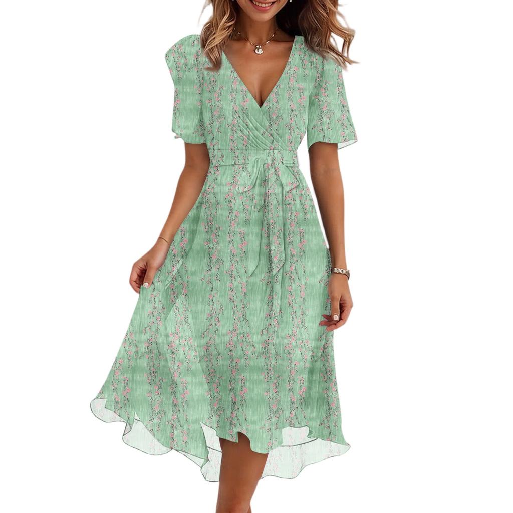 Women's Fashion Casual V Neck Short Sleeve Ruffled Vintage Printed Dresses