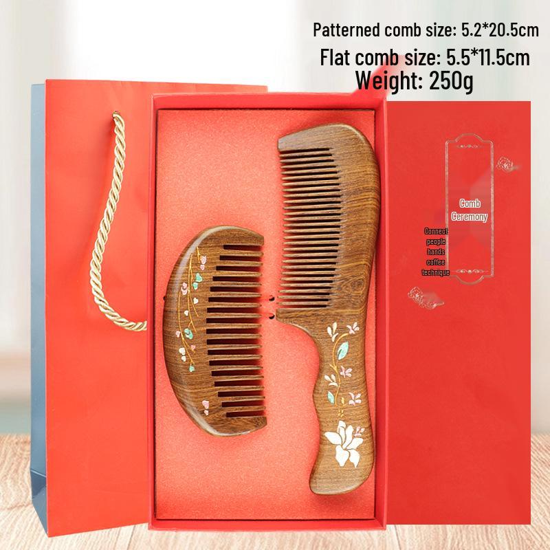 Premium Black Gold Sandalwood Comb: Hand-Painted, Anti-Static, Portable Hair Styling Comb with Gift Box for Women.