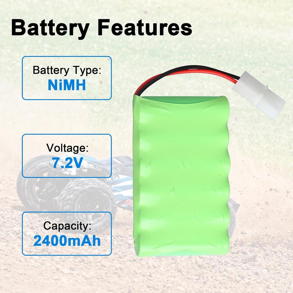 7.2V 2400mAh NiMH Rechargeable Battery with Tamiya KET 2P Connector and USB Cable – 6 Cell AA Pack for RC Cars, Trucks