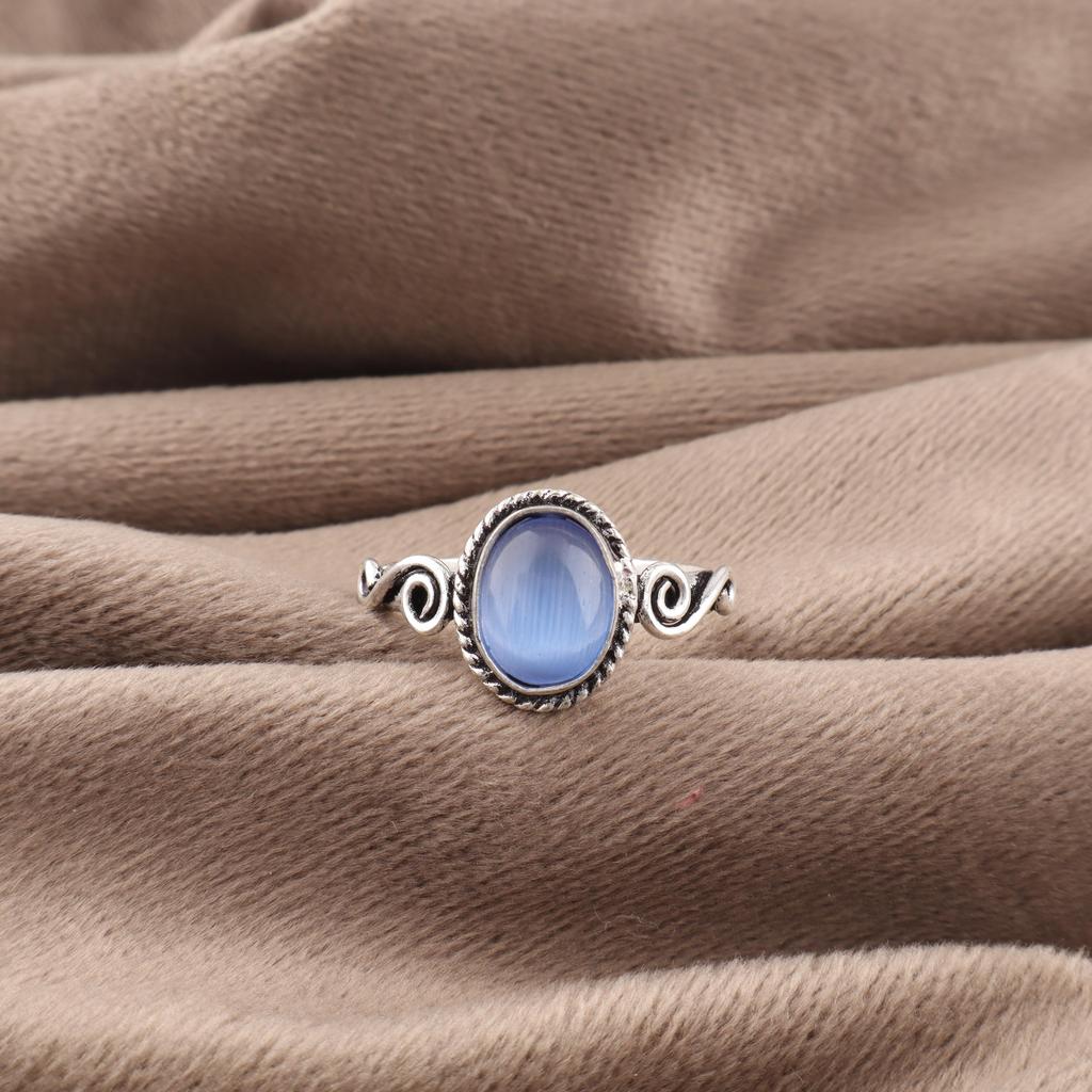 Dark Blue Cat's Eye Gemstone Ring, 925 Solid Sterling Silver Jewelry, Handmade Designer Ring Gift For Sister