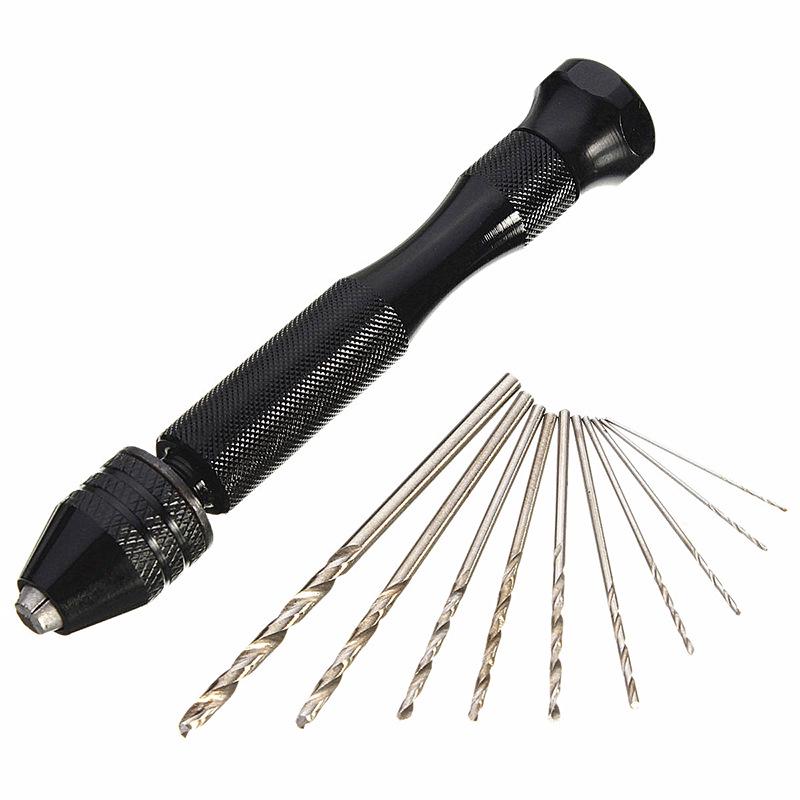 

10Pcs Twist Drills Rotary Tools Mini Micro Aluminum Hand Manual Hole Opener and Keyless Chuck. Black