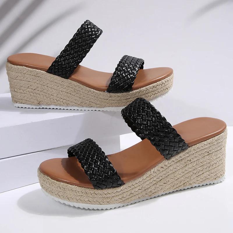 

Fashion Plus Size 35-43 Woven Band Wedges Sandals Women Summer Platform High Heels Slippers Woman Straw Rope Weave Thick Sole Sandles 43 чёрный