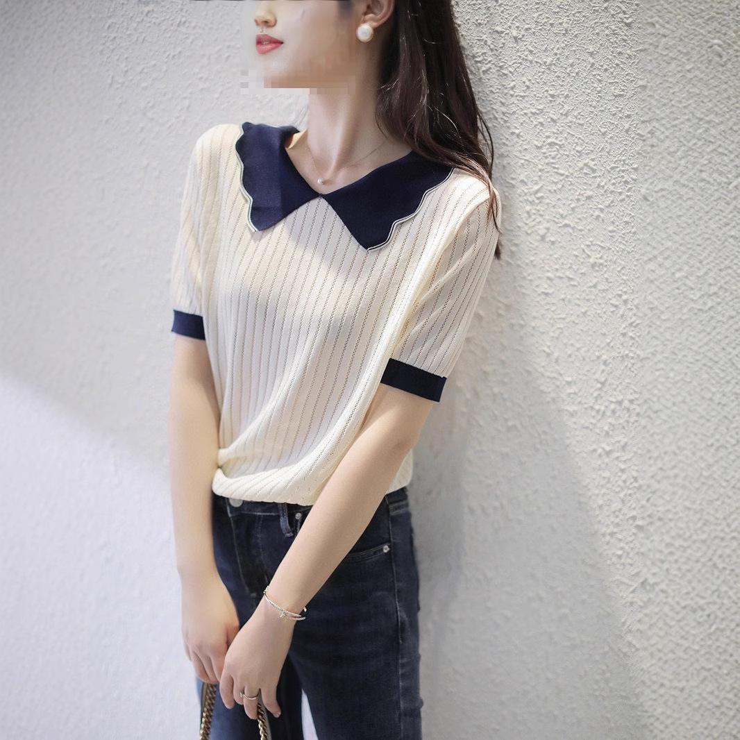 

2025 Summer Korean Colorblock Peter Pan Collar Knit Top – Women s Slimming, Age-Reducing, Loose Fit Fashion. One Size (40-65kg)