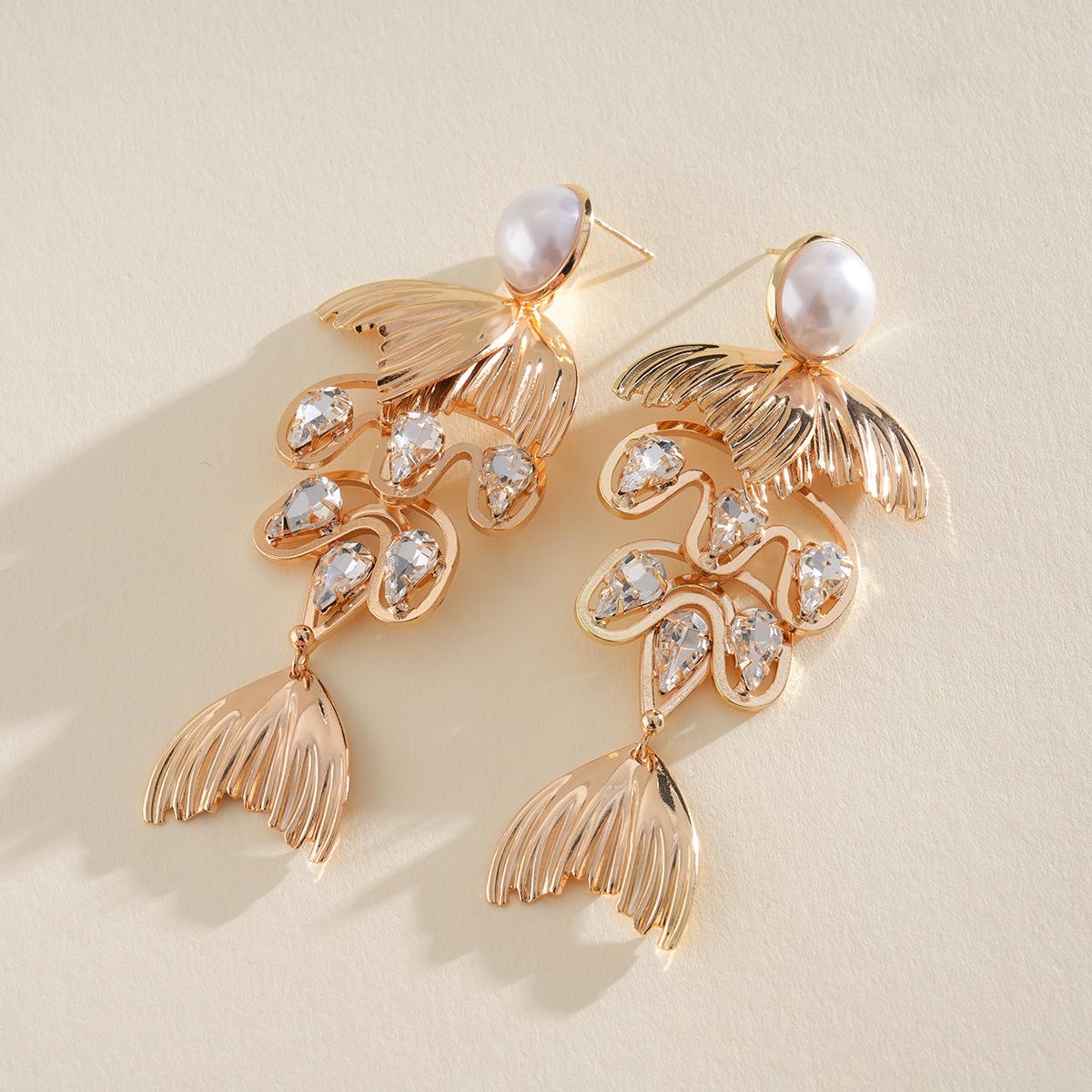 Imitation pearl zircon water drop fish tail fringed silver needle stud earrings court style earrings earrings