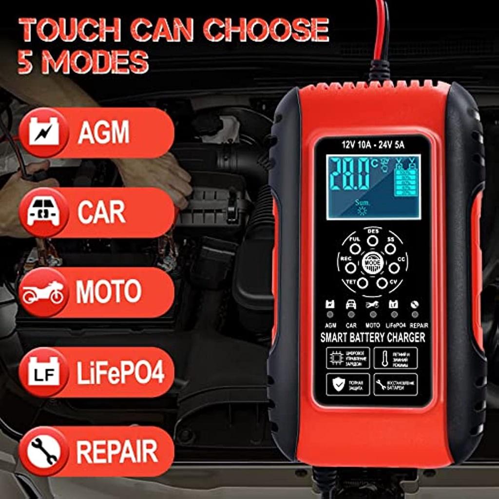 Battery Charger 10A 12V/24V Battery Charger Battery Battery Battery Car Moto Full Automatic Lcd Touch Screen Multiple Protections For Lead Acid Batte