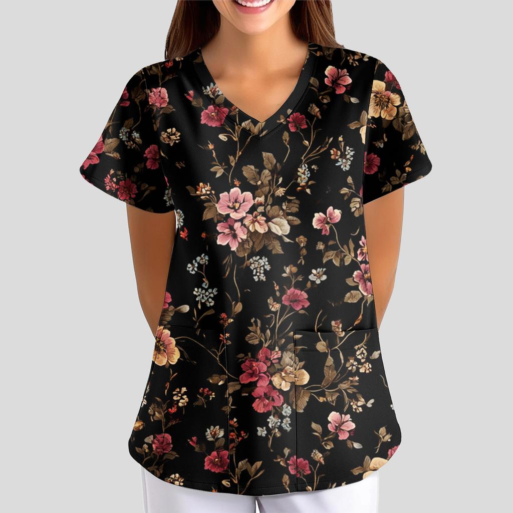 Women's Floral Print Loose V-neck Short-sleeved Uniform/ Uniform