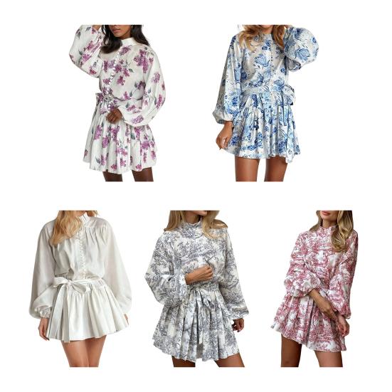 Women's Fall Floral Mini Dress Long Sleeve Button Down A-line Swing Dress Stand Collar Short Dress with Belt