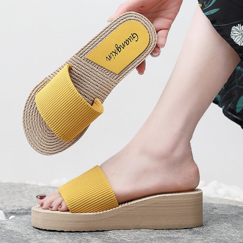 

Summer New Elastic Band Slippers for Women Simple Solid Color Slope Heel Sandals Thick Bottom Fashionable Casual EVA Shoes 35 жёлтый