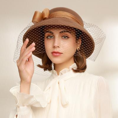 X4056  Wool Banquet Hat Autumn British Retro Banquet Wool Felt Hat Winter Warm Women's Basin Hat Fashion Party Lace Hat