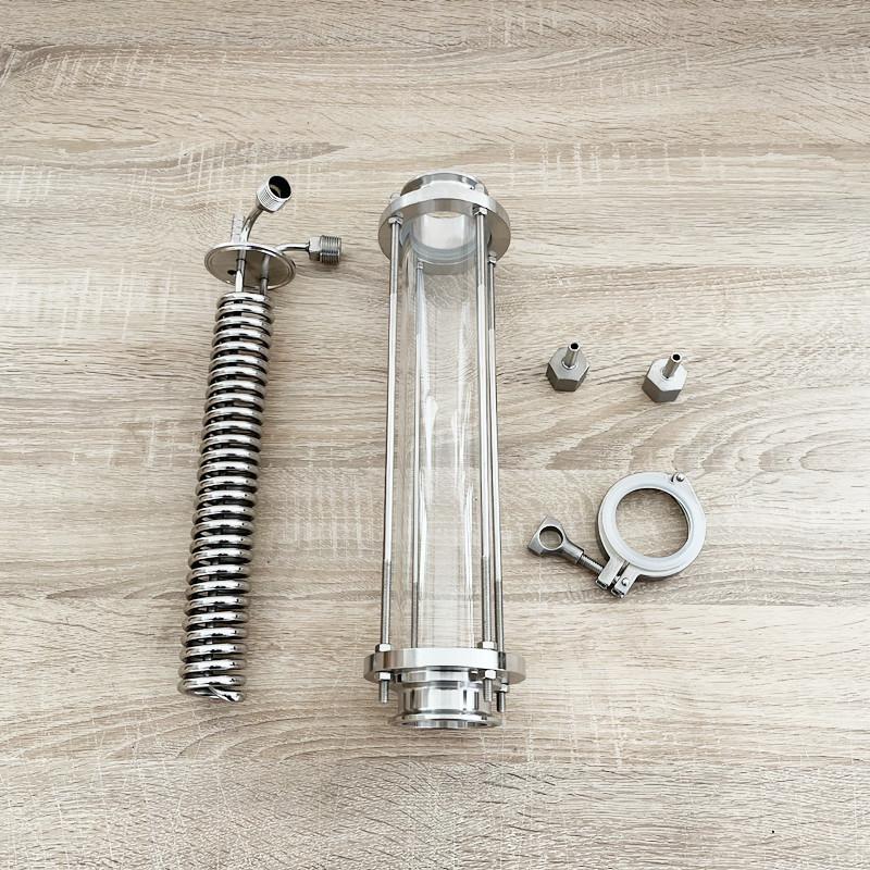 2" OD64mm Reflux Homebrew Coil Condenser Dimroth With 2"Sight Glass Diopter For Moonshine Distillation Column Cooling Coil SS304