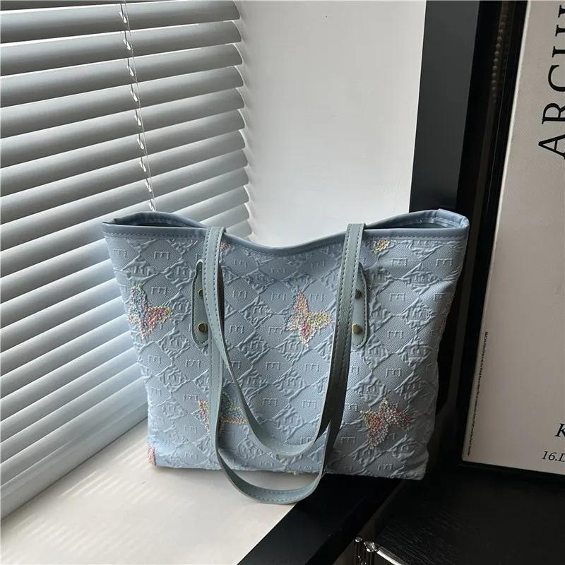 

Casual Embroidered Butterfly Shoulder Bags for Women Sweet Ladies Large Capacity Handbags Plaid Portable College Girls Tote Bag
