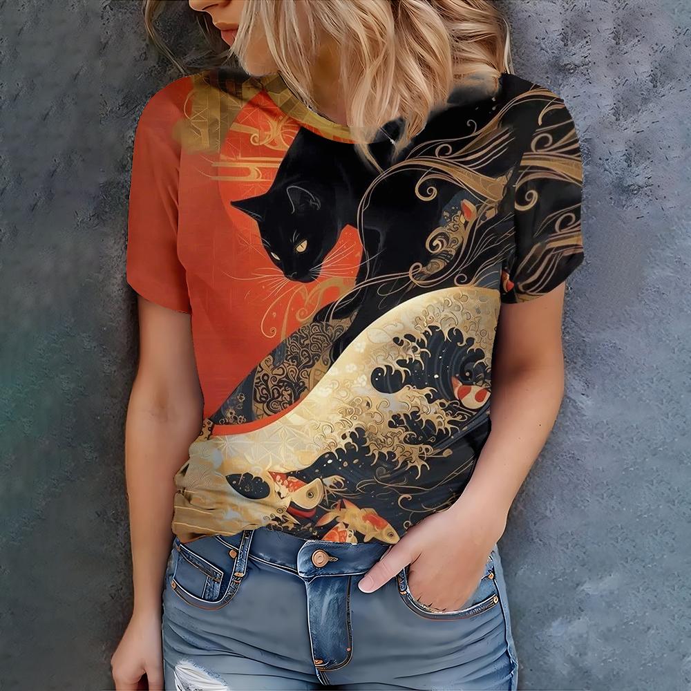 Women s Summer Elegant Fashion T-shirt Women s Popular Casual Comfortable Retro Ethnic Black Cat 3D Printed Short Sleeve Top S