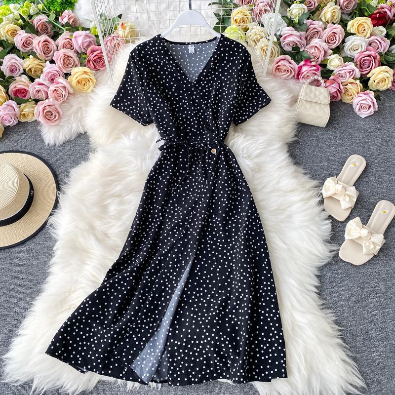 Koreanisches rotes elegantes Kleid Frauen Sommer Strand V-Ausschnitt Polka Dot Midikleid Taille Split Kleider Rosa Blau Schwarz