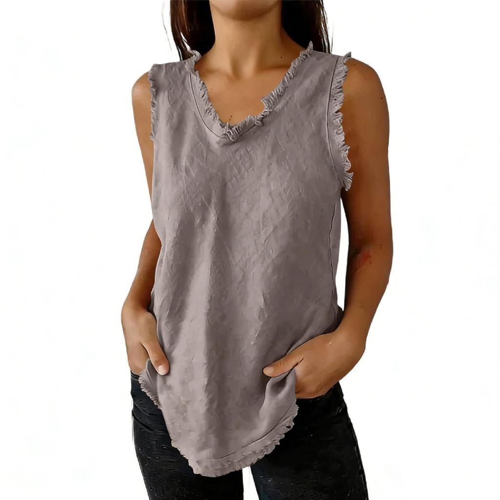 Women's Fashionable Color Round Neck Sleeveless Fringe Patchwork Casual Loose Cotton And Linen Top