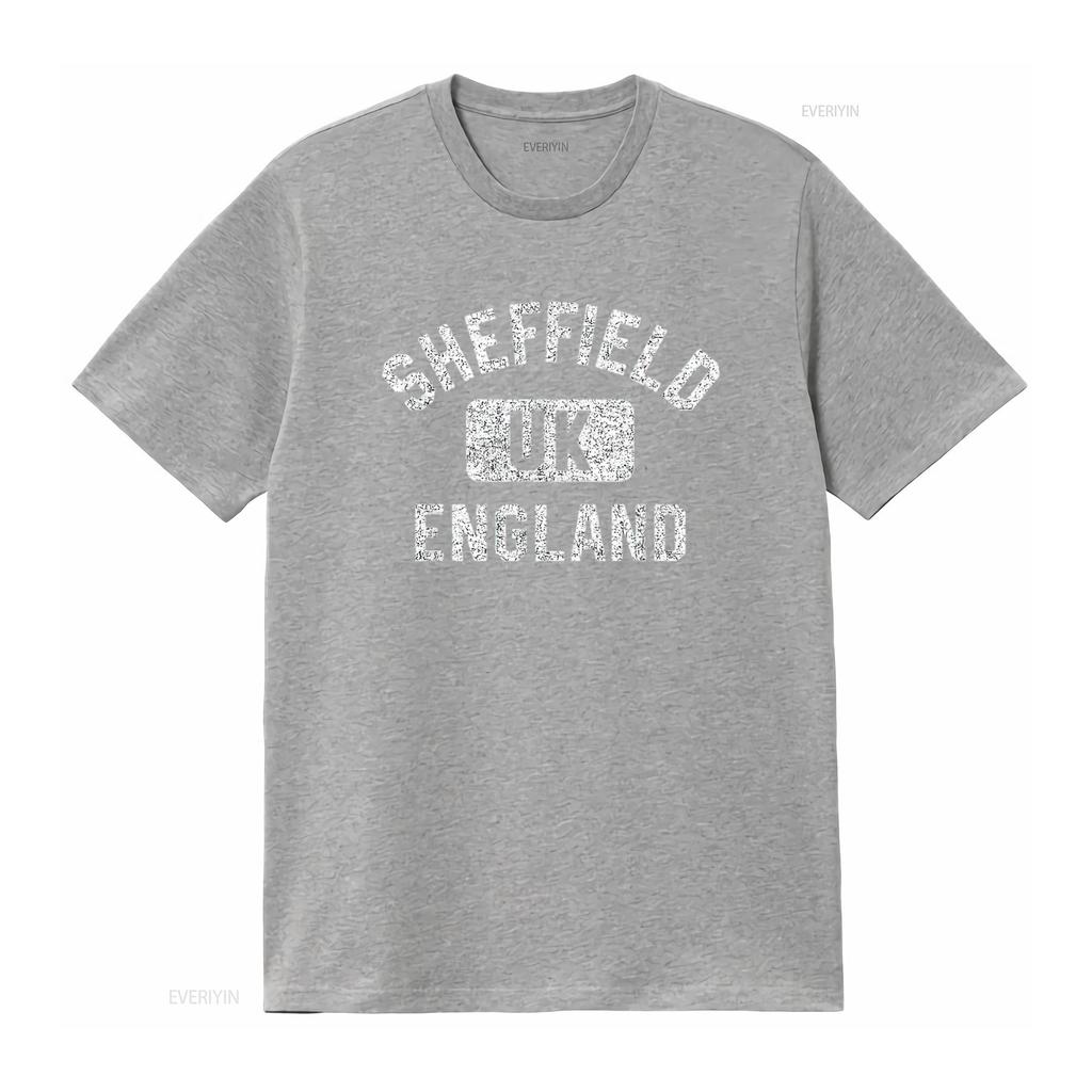 Mens Sheffield England UK Gym Style Distressed White Print T Shirt Black vintage Washed Comfortable Soft fashion Slightly