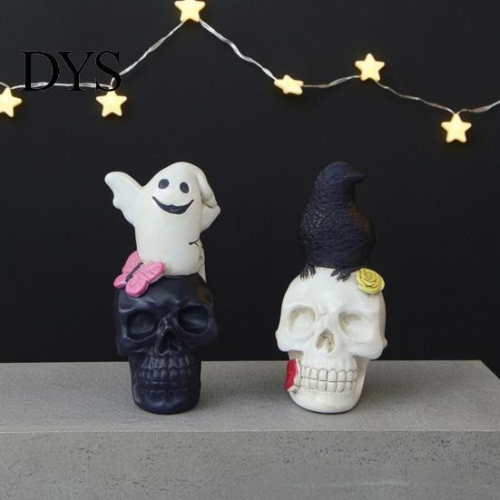 Spooky Atmosphere Props Gothic Halloween Skull Figurine, Ghost/Raven on Statue, Dark Aesthetic Room Decor Resin Tabletop Ornament for Desk,
