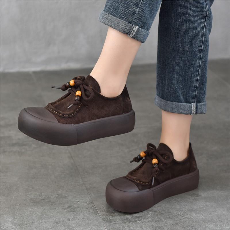 Johnature Genuine Leather Thick Sole Women's Shoes Round Toe Lace-up Versatile Casual Flat Platform Shoes