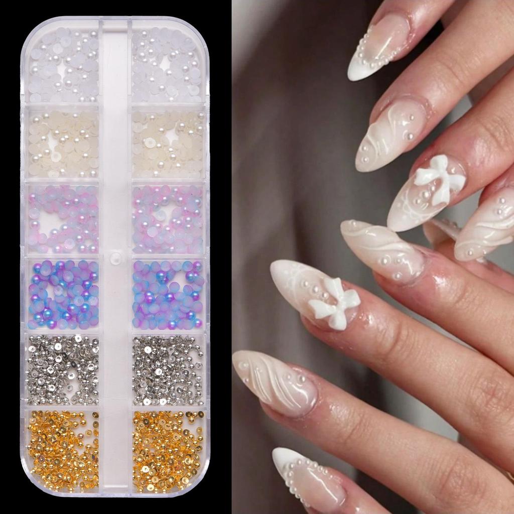 12-Grid Colorful Pearl Nail Art Decorations: Mixed-Size, Full/Half Round, Flat-Back Pearls for DIY.