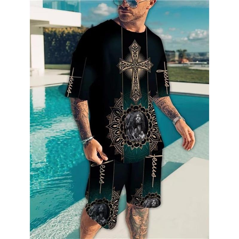 Fashion Casual Vacation Summer Men's Suit Skull 3D Printed Sportswear Short-sleeved Suit Oversized Round Neck T-shirt Shorts 2-piece
