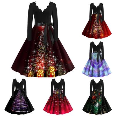 Vestidos de manga larga estampados navideños ajustados informales con cuello en V a la moda para mujer