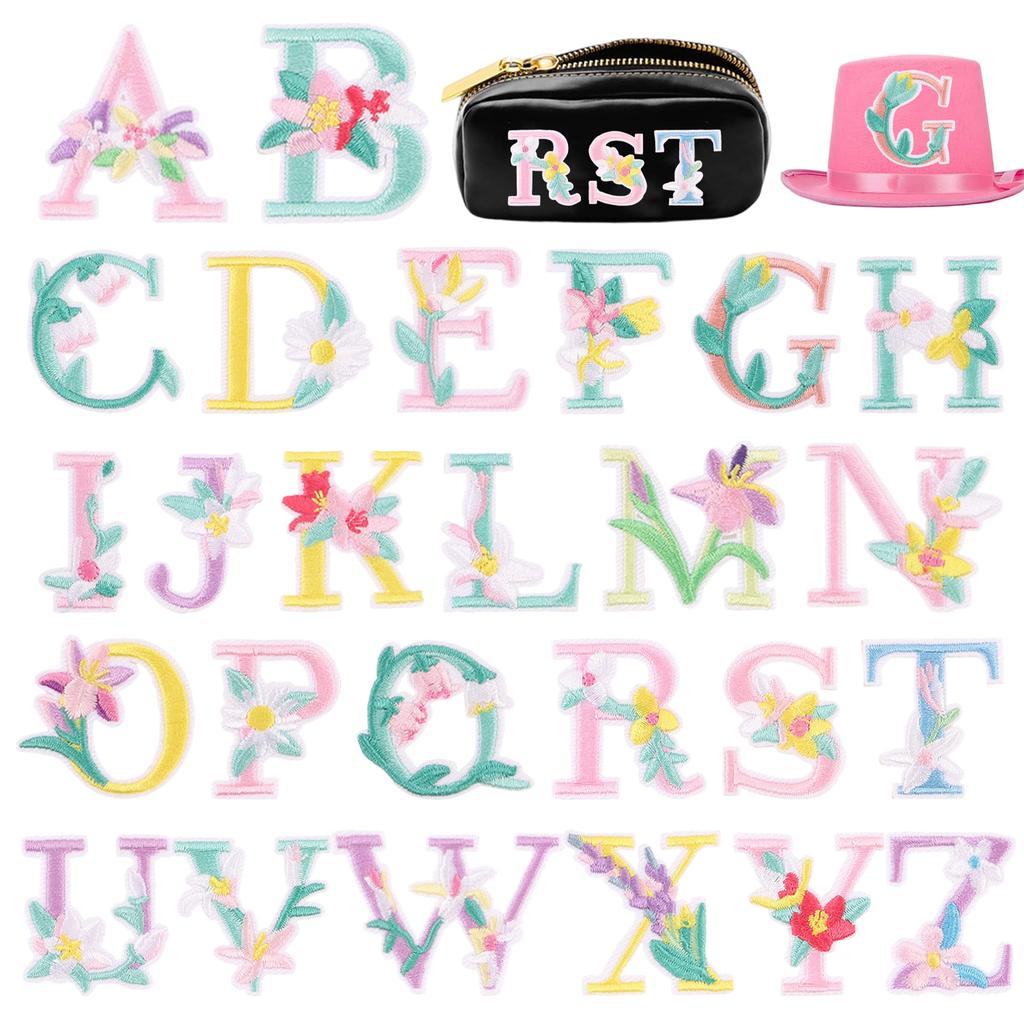 26pcs A-Z English Letter Glitter Pearls Rhinestone Patches Repair Embroidered Sew on Appliques,Patches for DIY Clothes Bags Hats