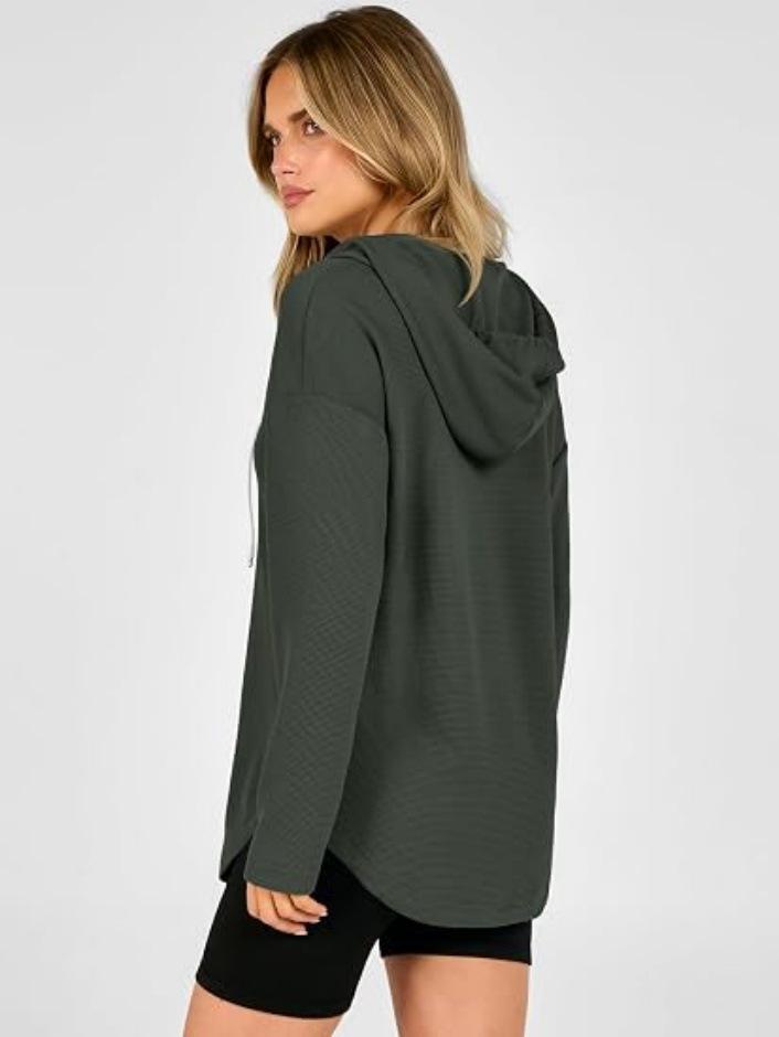 Women's Waffle Knit Long Sleeve V-Neck Solid Hooded Sweatshirt - Autumn/Winter 2026 Collection