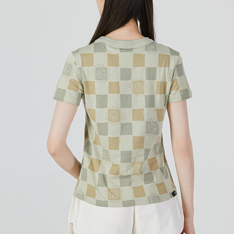 Puma Downtown Aop Tee Checkered Logo Round Neck Short Sleeve T-Shirt Women Tops Light-Green 535379-33