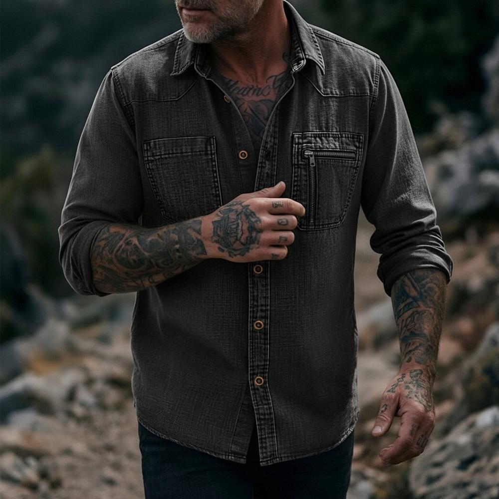 Camicia da uomo vintage in denim lavato a maniche lunghe con bottoni e tasca con zip, casual, da lavoro