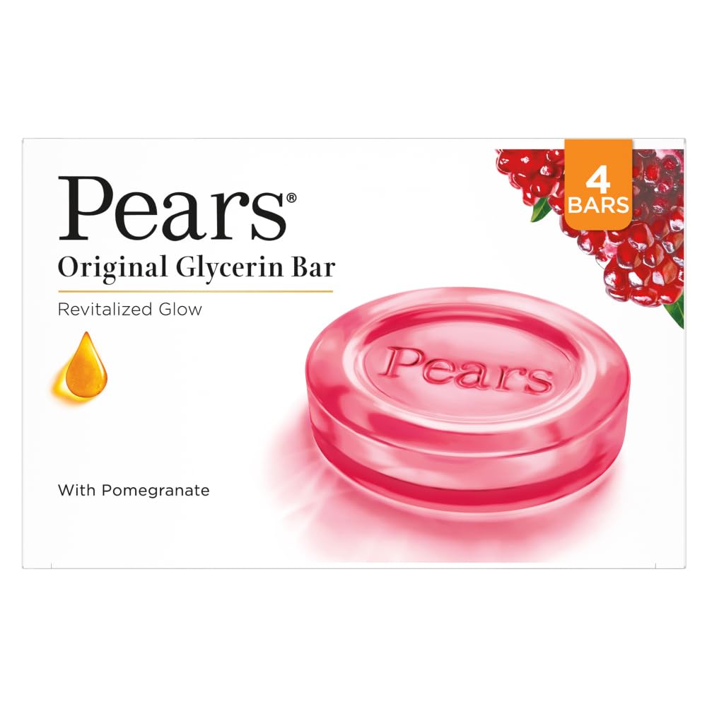 Pears Original Glycerin Soap Bar - Revitalized Glow | With 98% Pure Glycerin & Pomegranate | With Plant Based Cleanser for Skin & Body | Paraben-free