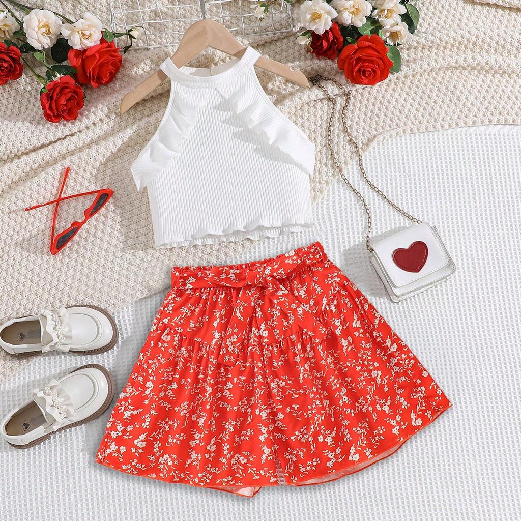Girls' Fashion Set Summer Children's Halter Lace Sleeveless Short Top Floral Shorts Set