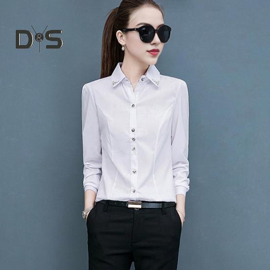 Women Shirt Lapel Long Sleeve Solid Color Single Breasted Shirt Tops Office Lady Shirt Work Daily Wear