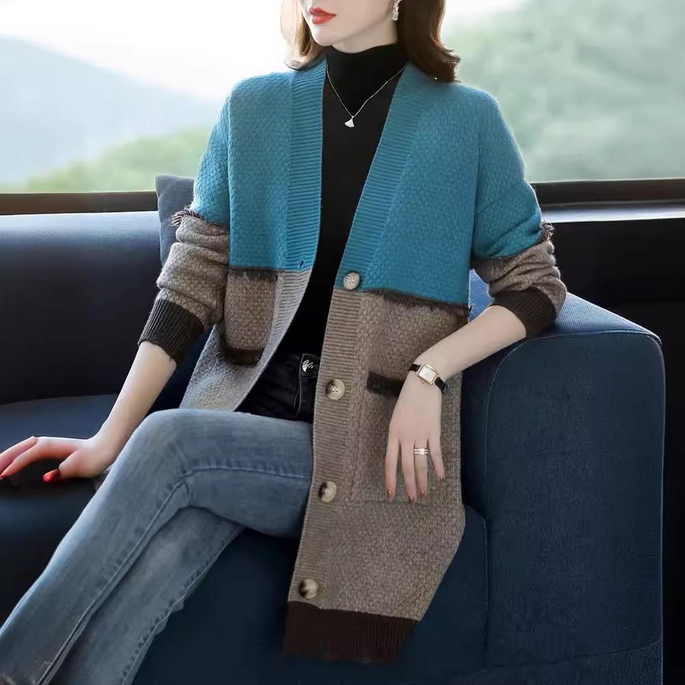 

Women s Sweater Jacket Autumn and Winter Loose Medium-length Knitted Cardigan V-neck Color-blocked Knitted Jacket S синий