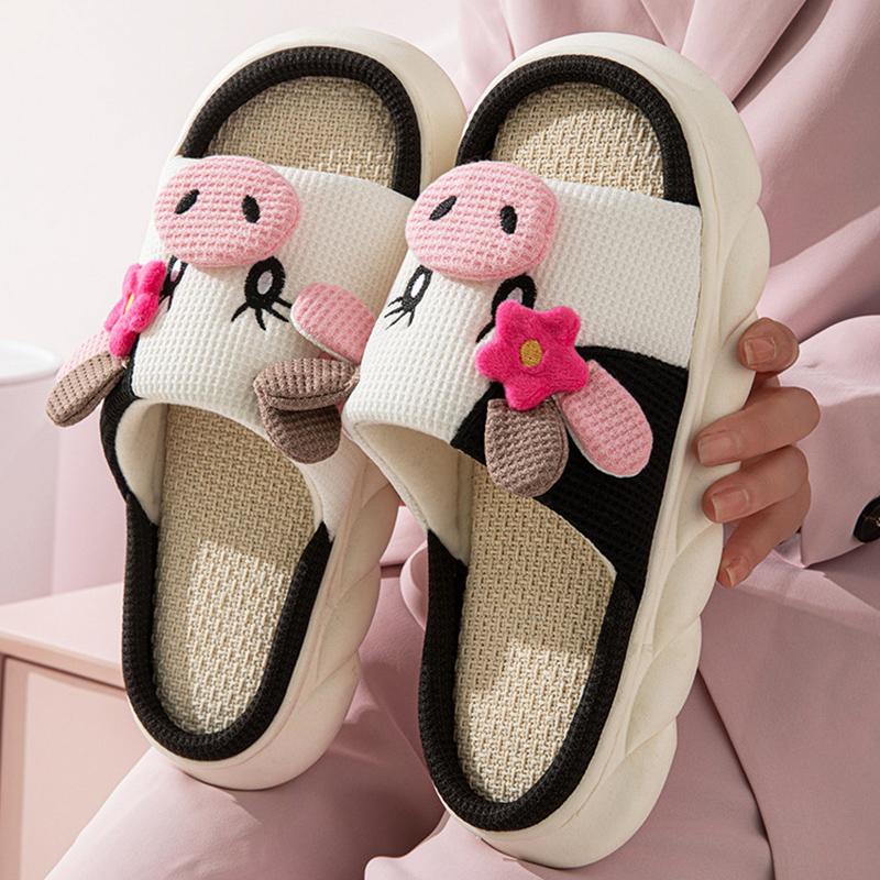 Fashion Lovely Cow Linen Slippers for Women Spring Autumn Open Toe Platform Linen Slides Woman Soft Non Slip House Slippers Female
