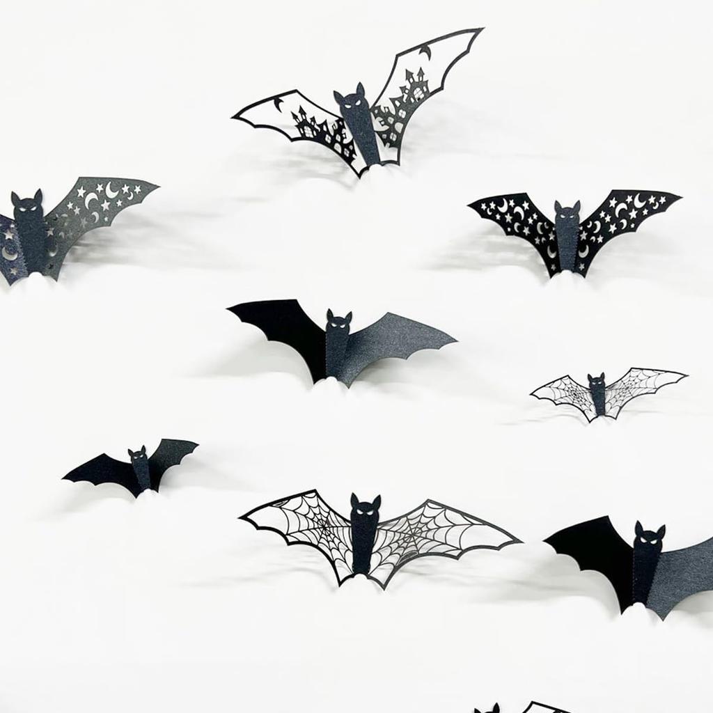 24Pcs Halloween Bat Wall Decor Living Room 3D Halloween Home Decor Gothic Hollow PVC Wall Decorations Horror Black Bat Stickers for Classroom Decor