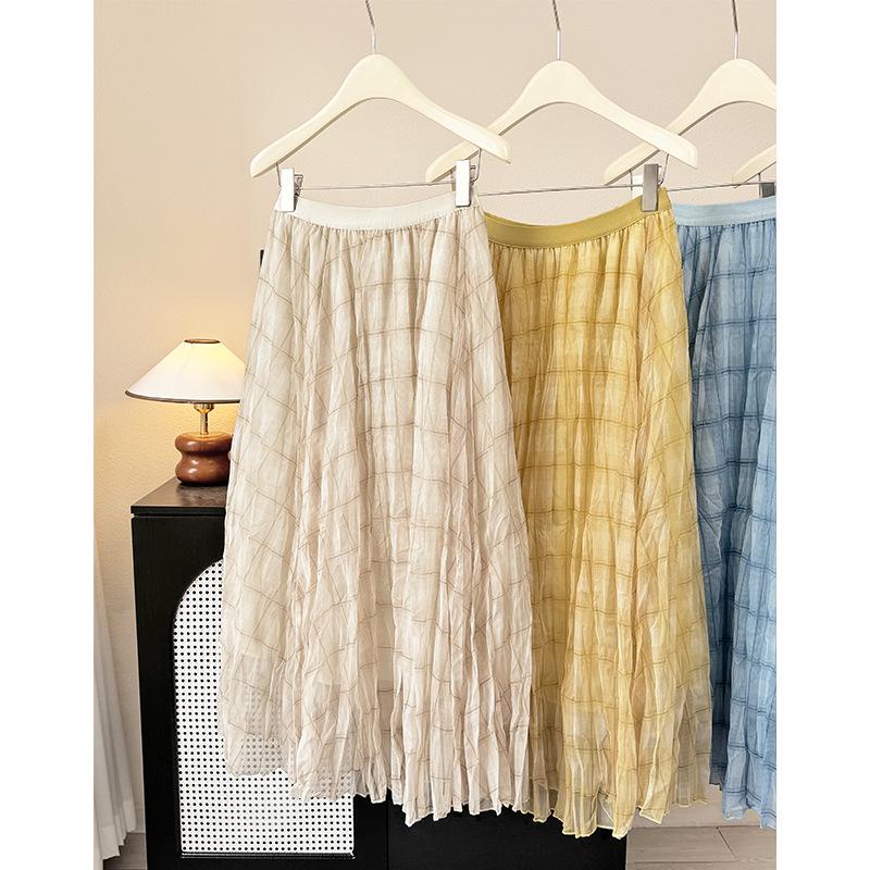 Design-Forward Plaid Mesh Midi Skirt: 2026 Spring/Summer Women's Wrinkled Drape Resort Skirt