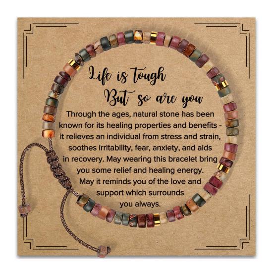 Boho Wood Bead Bracelet Wooden Flat Beads Bracelet Adjustable Friendship Bracelet with Inspirational Card Gift for Men Women