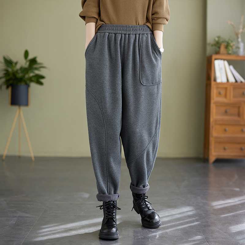 Women's Spring, Autumn Winter Thick Stitching Sweatpants, Casual Solid Color Elastic Waist, Outer Wear Trousers with Feet
