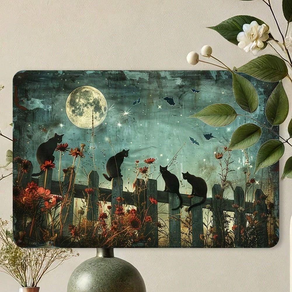 Affiche murale en métal Chat Noir Lune Vintage pour la Maison