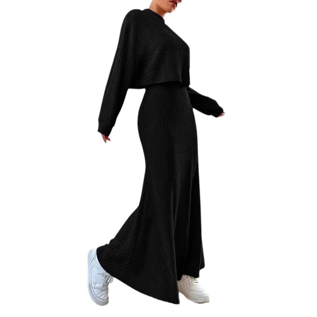 Rib Knit Crop Top And Maxi Skirt Set Two Piece Outfits Long Sleeve High Waist Plain Matching Sets