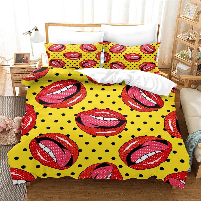 Housse de couette impression 3D Taille King Ensemble de literie Amour Motif Baisers Lèvres Housse de couette Décoratif Pour Femmes Filles Amoureux