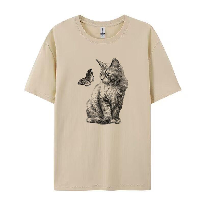 

Cute Kitten Butterfly Graphic Tops Aesthetic Cat Mom Shirt Women Loose Cotton Cottagecore Clothing 90s Retro Cat Lover Tshirts 2XL