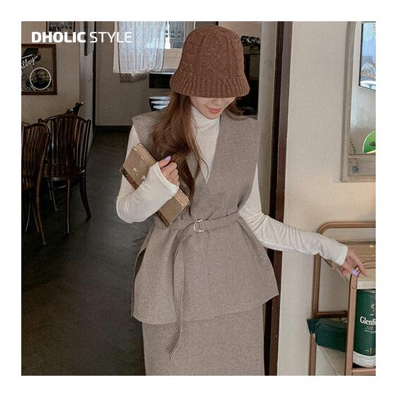 V-neck long vest with belt p290436 Women s [tops] Korean fashion tops vest V-neck side slit wool blend plain sleeveless sleeveless casual autumn