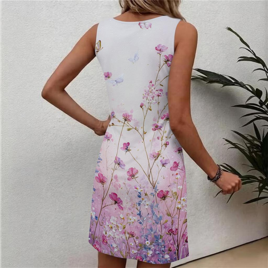 Sleeveless Floral Print Dress Women Casual Summer Round Neck Lightweight Bodycon Midi Dress with Side Slit for Daily Wear