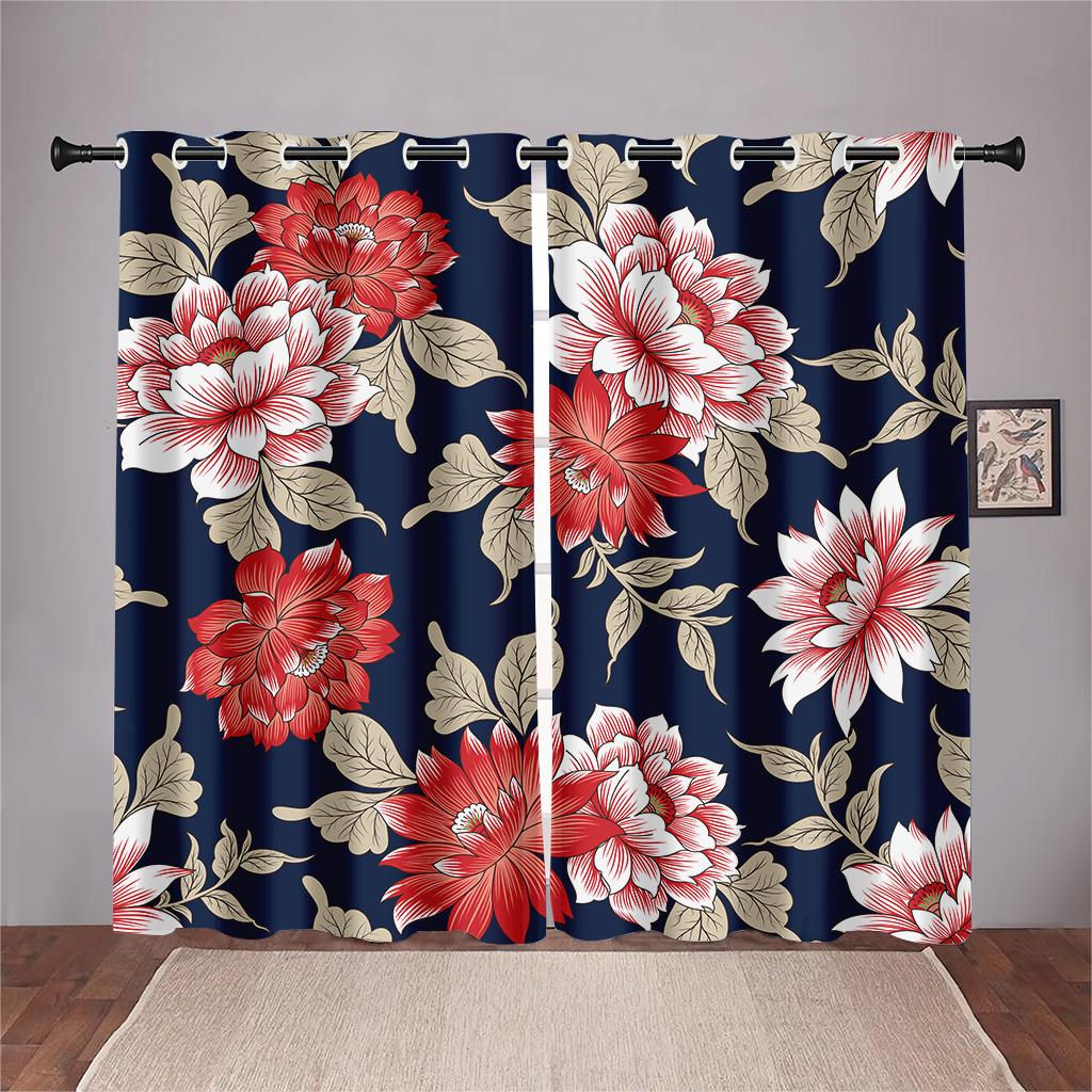 Blue Pink Floral Curtains Plant Flowers Leaves Black Background Curtains 2 Panel Living Room Bedroom Kitchen Dining Room Decor